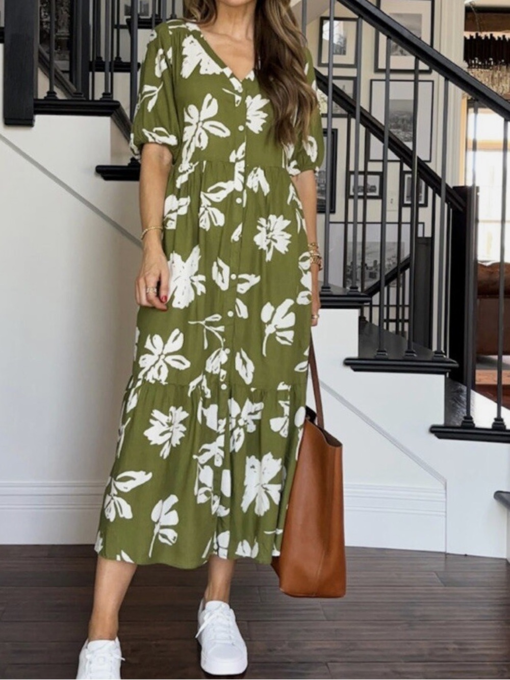 Green Floral Button Through Midi Dress Sonoma Size Medium